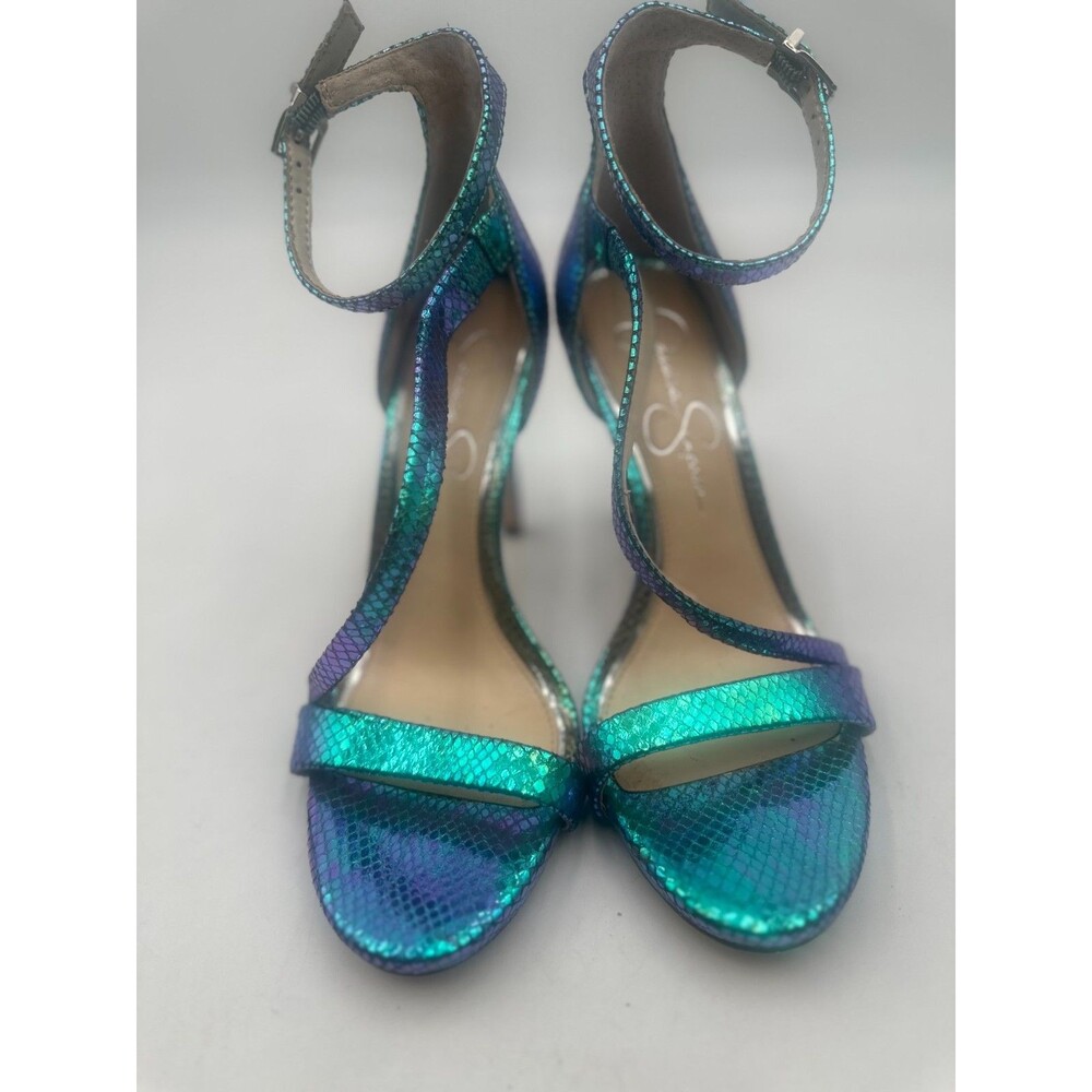 Jessica Simpson Iridescent Metallic Snakeskin Ankle Strap Heels Stilettos Sz 8M - Picture 4 of 8